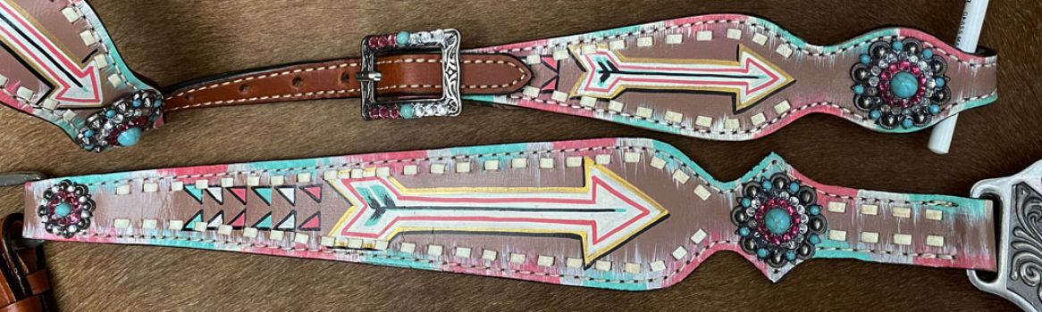Showman Turquoise and pink inlay painted arrow design one ear headstall and breast collar set #3